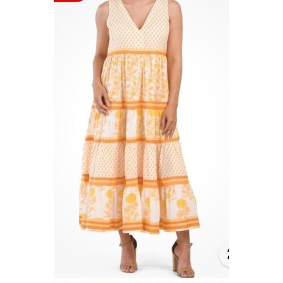 Chelsea & Theodore Maxi Dress Sz S 100% Cotton Tiered Yellow Floral Boho Beachy - Picture 1 of 9